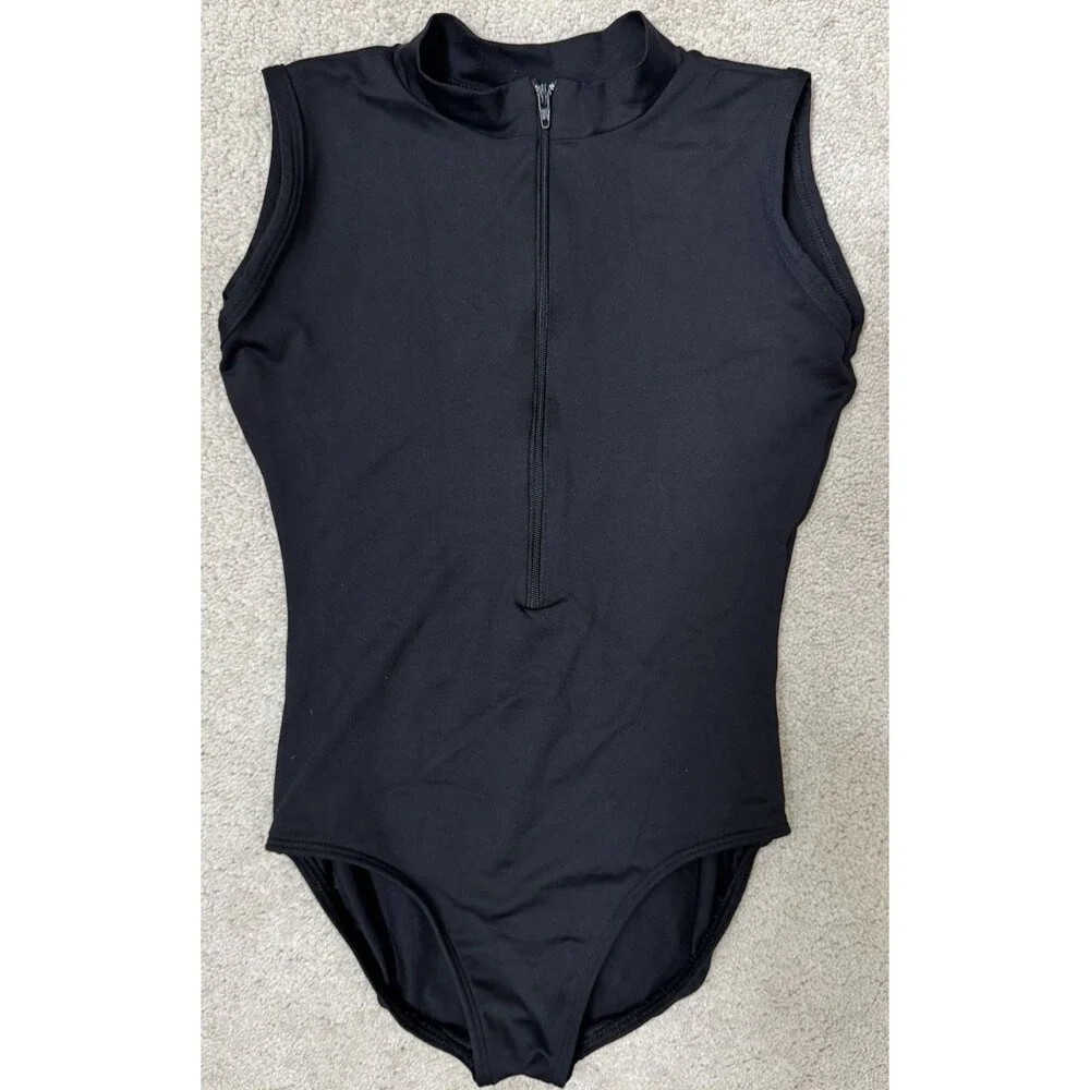 Eurotard Zip Front Leotard Size Large Black Mock Neck